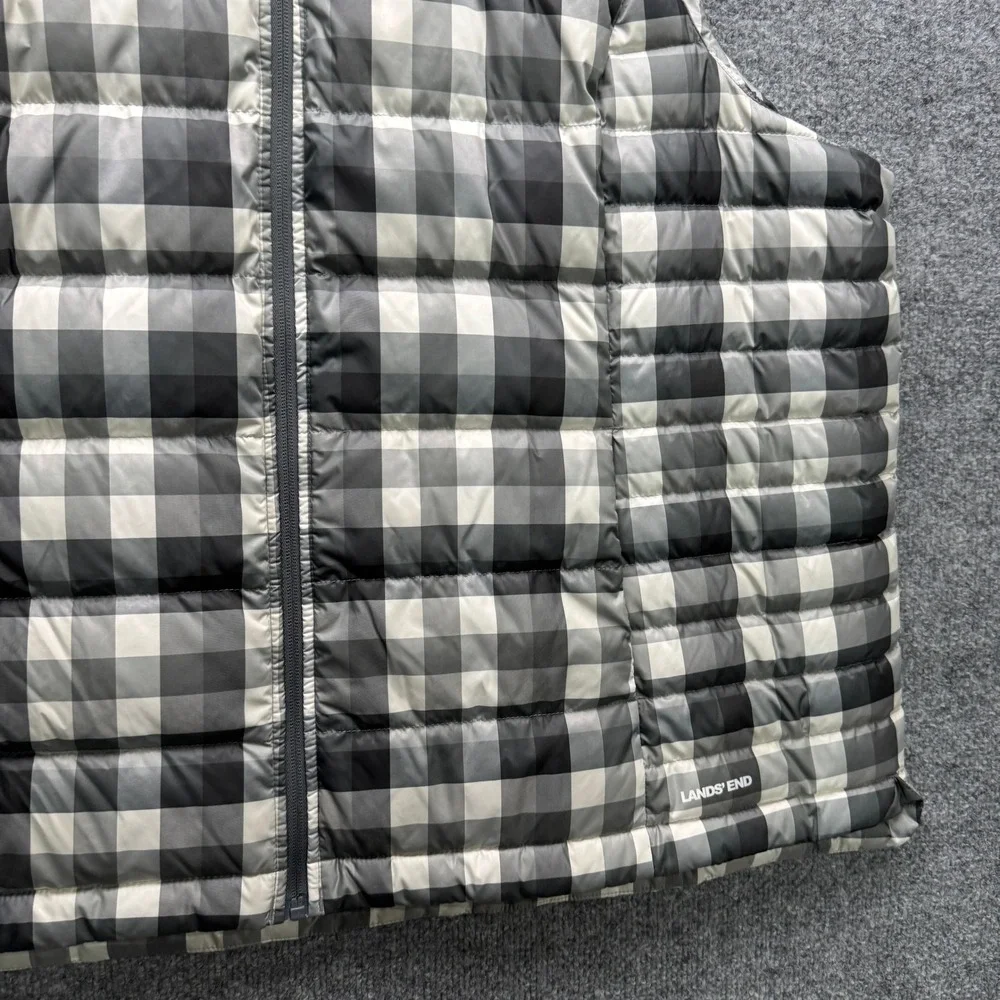 Lands'‎ End Buffalo Plaid Puffer Vest Women 2X Grey Black Down Insulated Outdoor